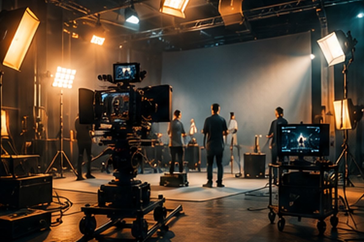 AI-generated image of a lit stage set with lighting rigs, a camera and a crew