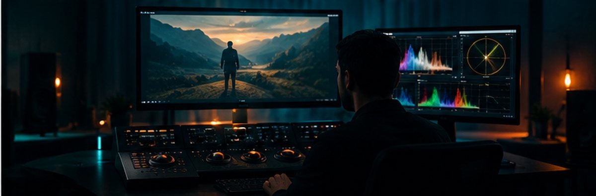AI-generated image of colour grading wheels, curves and a waveform