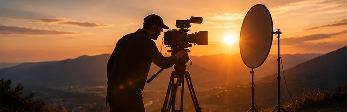 AI-generated image of a camera and reflector on a hill at sunset