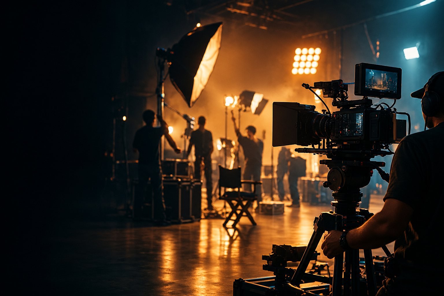 AI-generated image of a film crew on a dark soundstage with a cinema camera and warm studio lights