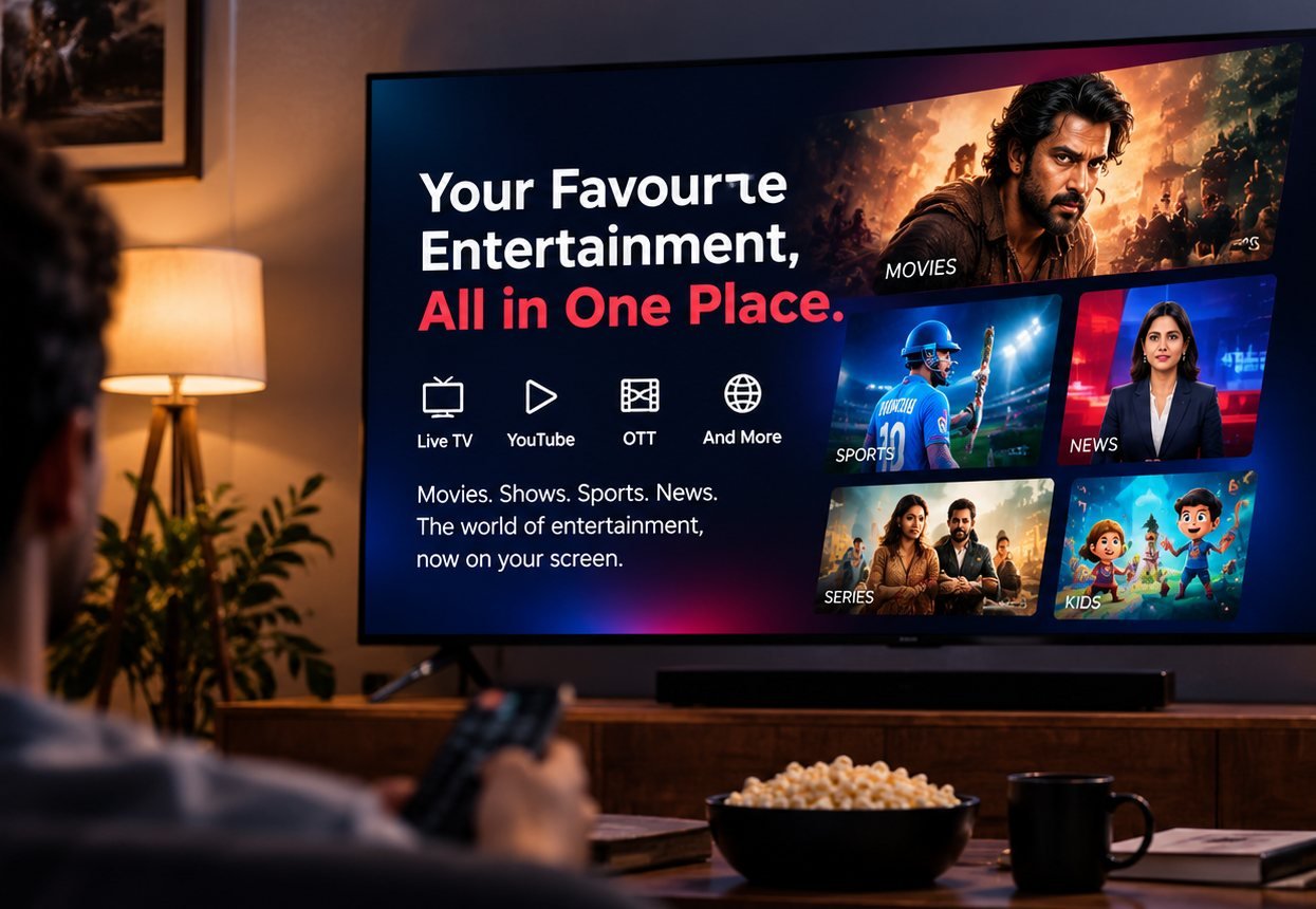 Person watching a smart TV with a streaming entertainment home screen