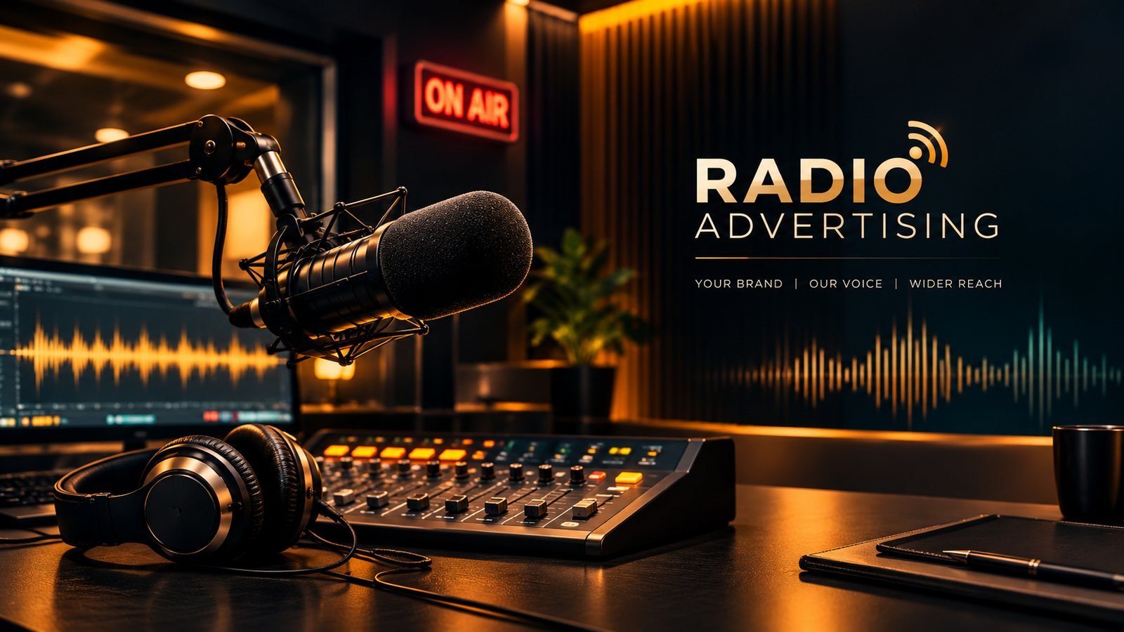 Radio studio with an On Air sign, a broadcast microphone, headphones and a mixing console