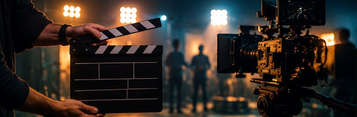 AI-generated image of a clapperboard and cinema camera under a studio spotlight