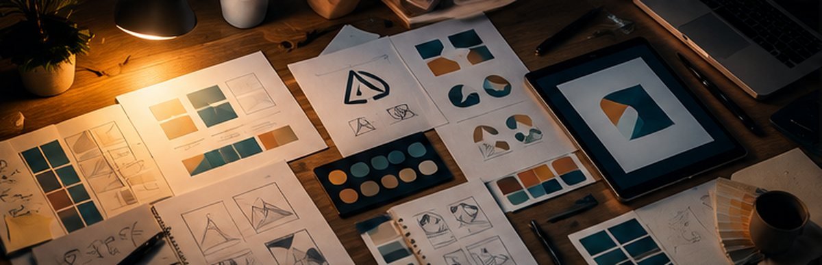 AI-generated image of a brand identity board with a logotype, grid and colour palette