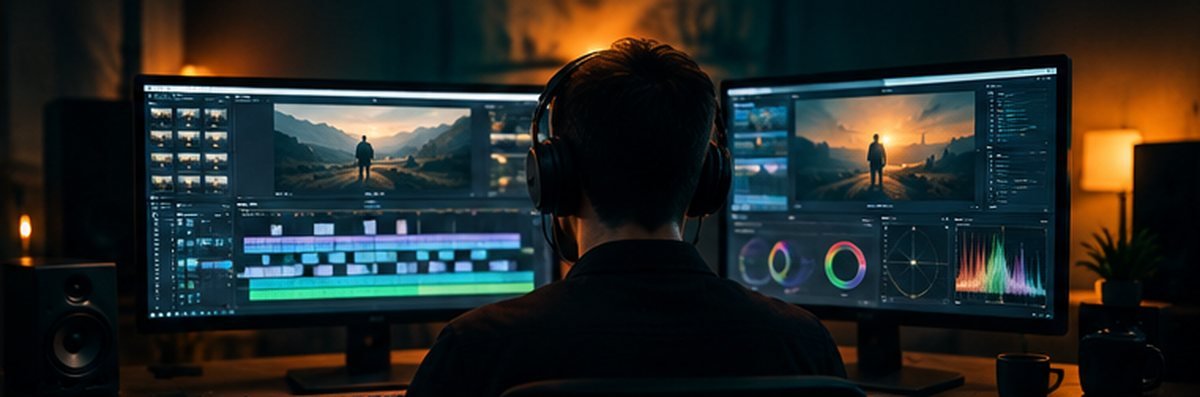 AI-generated image of a video editing suite with a timeline, preview and colour scopes