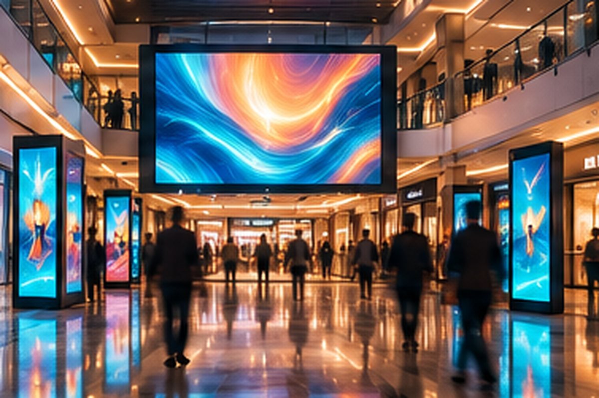 AI-generated image of a busy shopping mall hall with a large video wall and digital standees