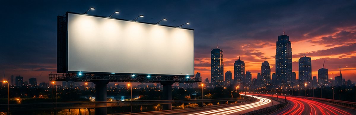 AI-generated image of a lit billboard above a city highway