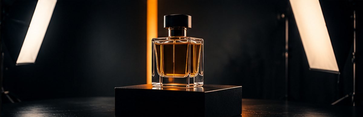 AI-generated image of a perfume bottle on a pedestal between two softboxes
