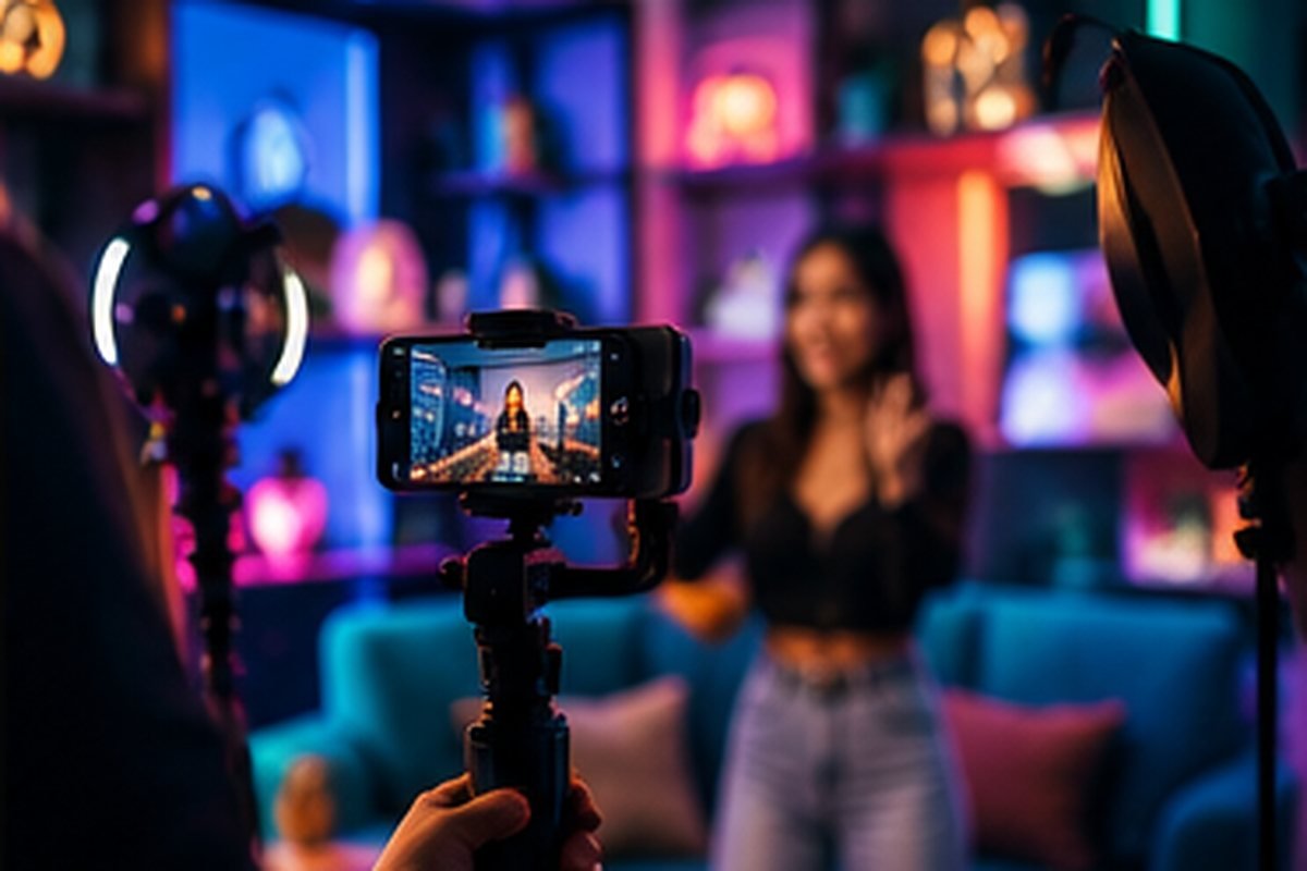 AI-generated image of a presenter being filmed on a phone camera rig in a colourful studio